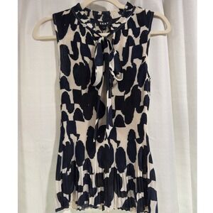 NWT DKNY Womens Navy Cream Abstract Pleated Tie Neck Sleeveless Blouse Small